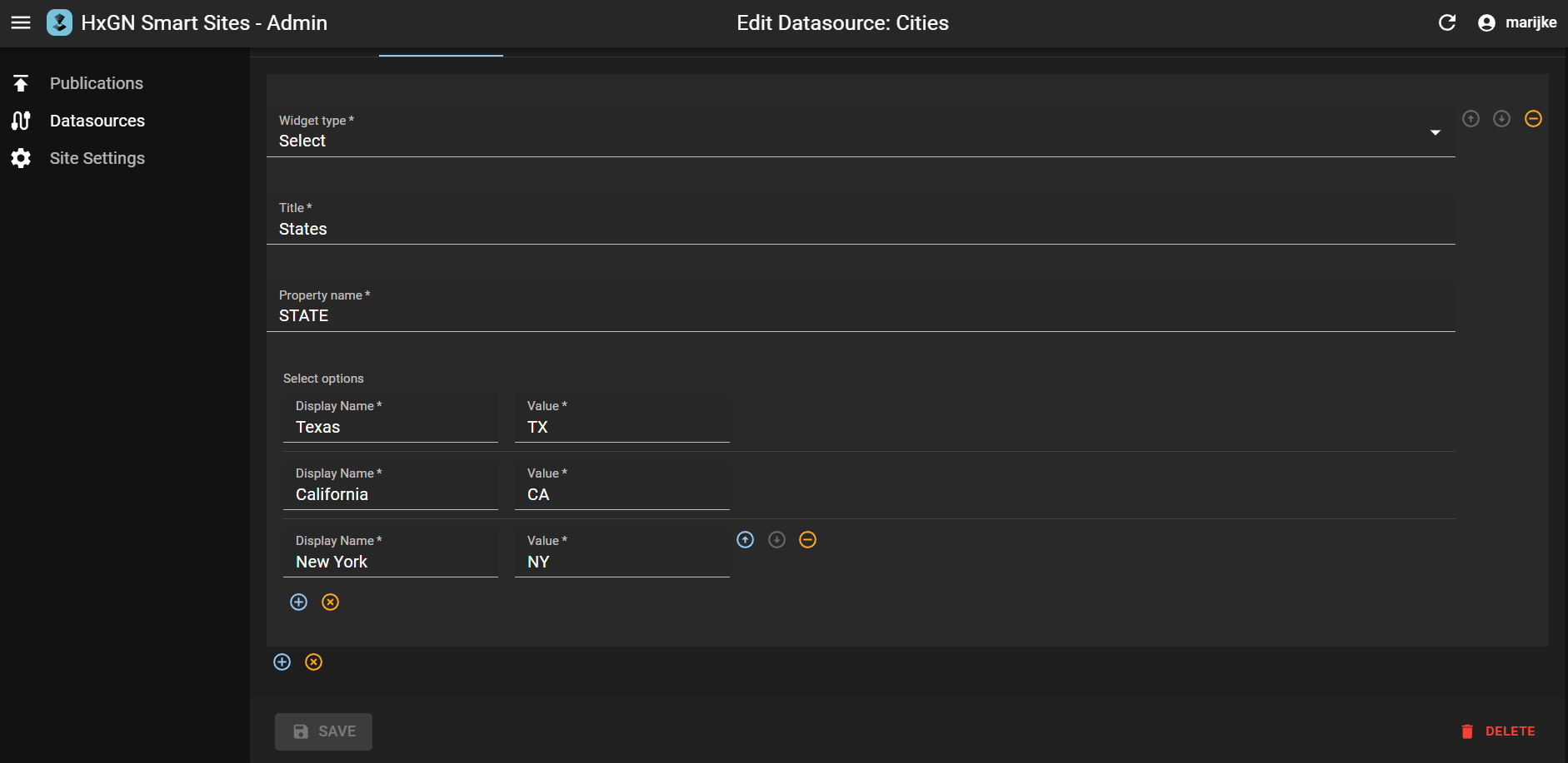 Configured Select Widget for City125 States