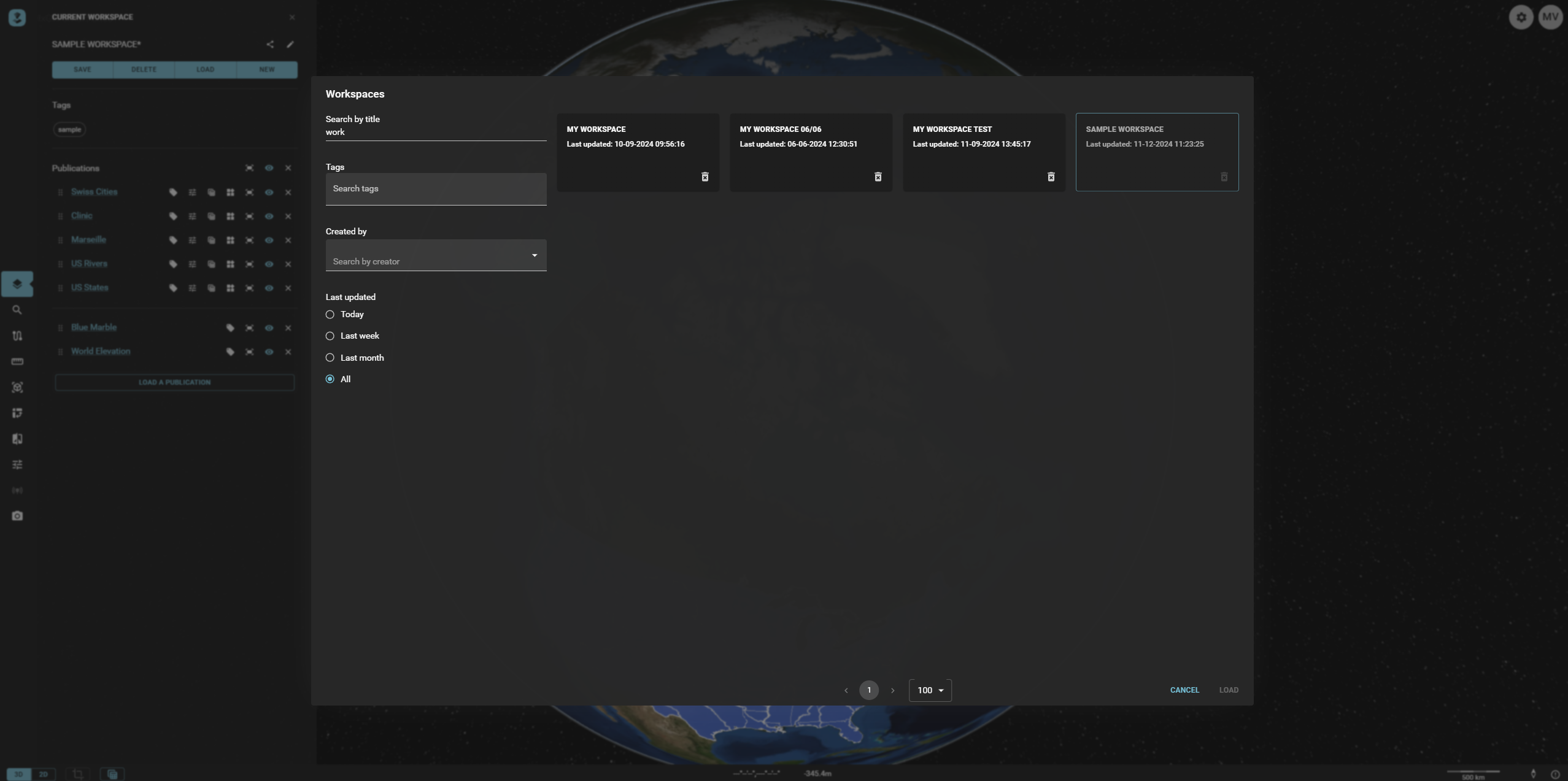The Load Workspace Menu in HxGN Smart Sites