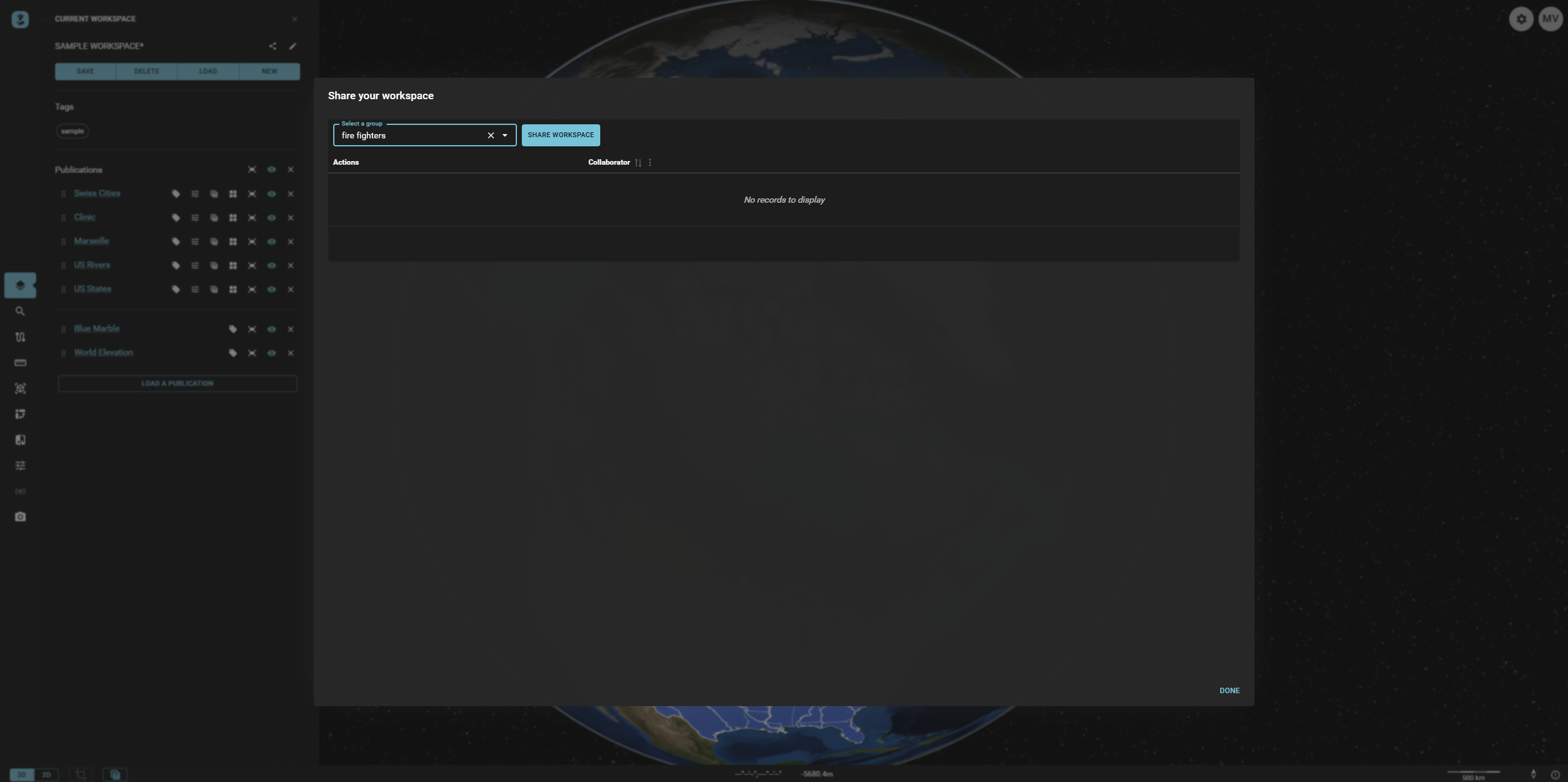 The Menu to share a Workspace in HxGN Smart Sites